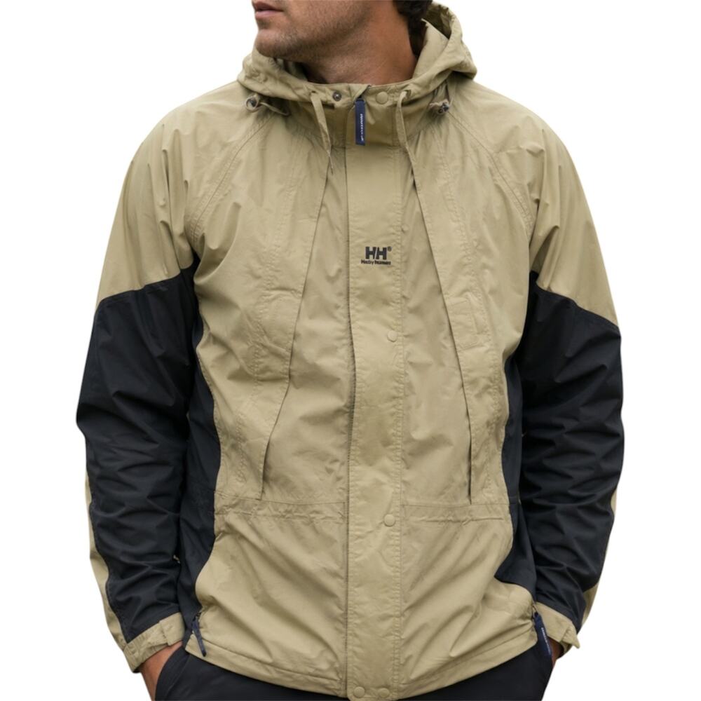 Helly Hansen Packable Rain Jacket Hood Colorblock Full Zip Gorpcore Khaki Large